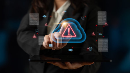 Cloud computing with alert icons and security elements, representing real-time threat detection,...