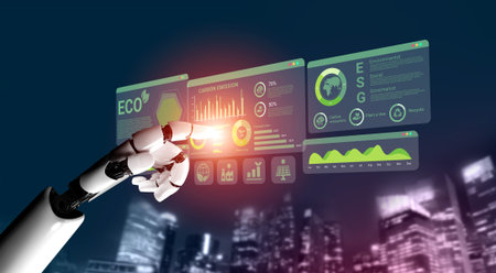 AI analyzing ESG and sustainability metrics for businesses, visualizing carbon reduction goals and...