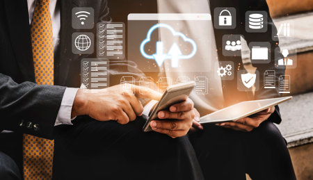 Cloud upload and download icon with surrounding data management, security, and analytics icons in...