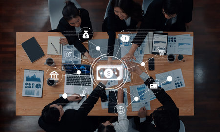 A fintech concept showing a network of digital banking services. This includes secure online...