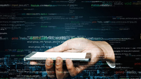 A person holds a smartphone amidst flowing lines of computer code, symbolizing the intersection of...