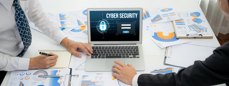 Cyber security system on computer screen protect private information brisk from hacker and cyber...