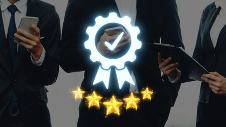 Business professionals engaged in communication while showcasing achievement with an award ribbon...