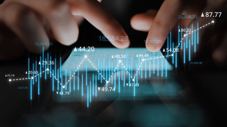 Stock market analysis with candlestick chart and price movement trend line, highlighting global...