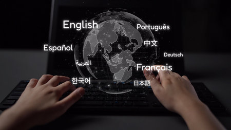 Global communication with multiple languages, digital translation tools, multilingual technology,...