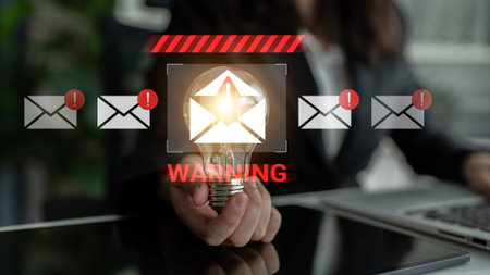 A businesswoman displays a light bulb while emphasizing a warning related to email notifications in...
