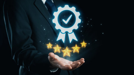 A businessman presents a digital award featuring a check symbol and five stars, symbolizing quality...