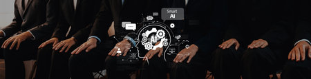 A group of professionals in suits with hands resting, accompanied by a digital AI interface...