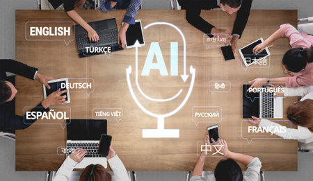 Diverse Team Collaborating on AI Speech Recognition with Multiple Languages at Modern Conference...
