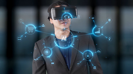 A person wearing a virtual reality headset is surrounded by icons representing technology and...