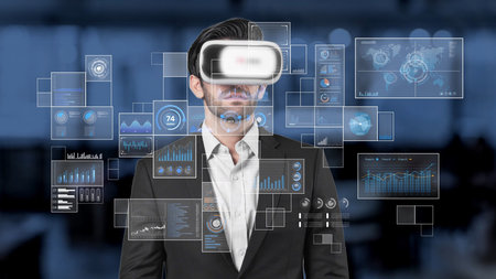 Businessman engages with a virtual reality headset in a contemporary office, surrounded by digital...