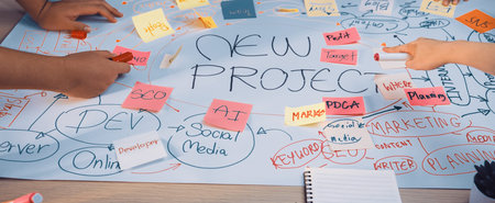 A vibrant scene showcasing a diverse team engaged in a collaborative project planning session,...