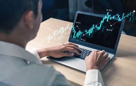 Stock market analysis with candlestick chart and price movement trend line, highlighting global...