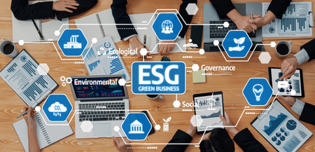 This image depicts a collaborative meeting focused on ESG strategies in green business, featuring...