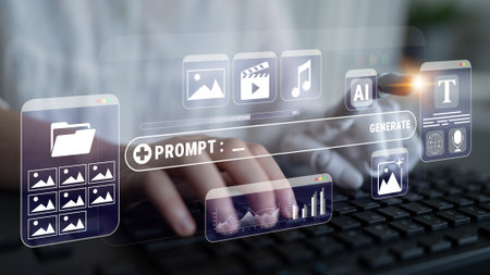 Futuristic User Interface with Digital Icons for Content Creation and Management on a Modern Computer Keyboard.の写真素材