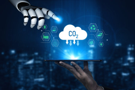 AI helps manage carbon footprint by analyzing emission data, optimizing renewable energy use, and automating sustainable practices to reduce the overall carbon footprint. Vouchの写真素材