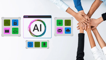 Collaboration and Technology Concept with Hands and AI Symbol in a Creative Workspace Featuring...