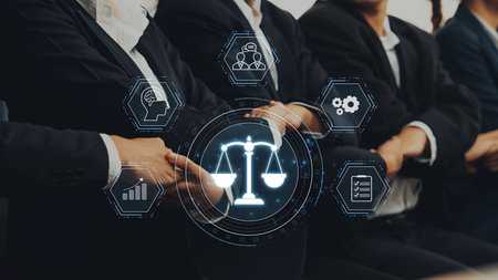 A group of business professionals in suits collaborate in a modern office, with digital icons...