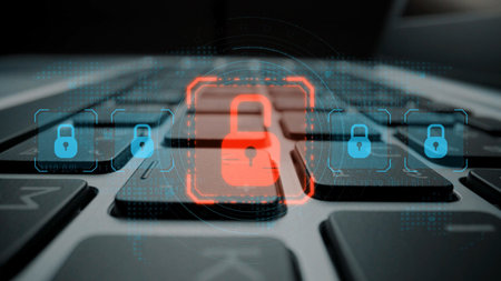 Digital security concept illustrating a cybersecurity breach, with a red unlocked padlock indicating data exposure among secure systems, emphasizing system vulnerability and risk.の写真素材