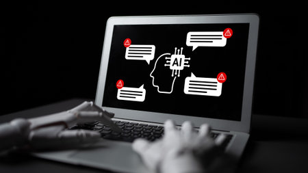 A striking digital illustration showcasing a laptop screen with cautionary messages, highlighting...