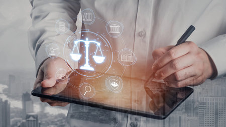 Justice system ensures legal governance and fairness. Justice system protects rights, system upholds laws, justice ensures order, and justice system delivers judgment.の写真素材