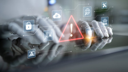 Exclamation alert symbol in digital system network reflecting AI threat, virus, and risk detection. Corpusの写真素材