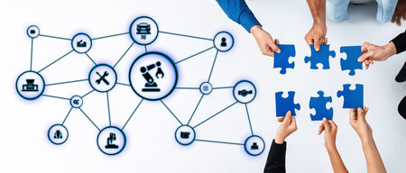 Mechanized industry automation and modern production system with robotic arms, gears, tools and...