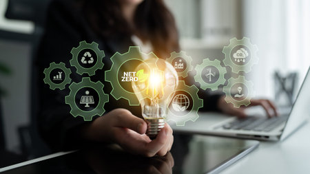 Interconnected green gears with icons representing renewable energy, carbon reduction, recycling,...