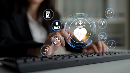 Business professional interacting with digital health icons and medical symbols in a modern office...