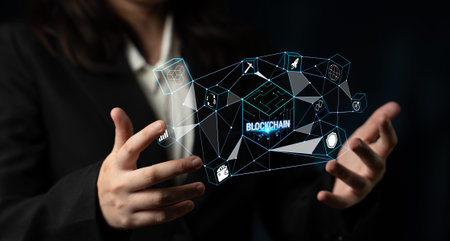 Innovative Concept of Blockchain Technology Applied in Modern Business with Digital Icons...