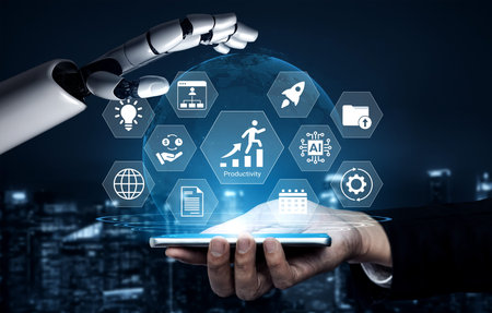 A robotic hand presents a smartphone showcasing productivity icons, emphasizing the impact of...