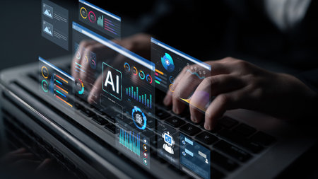 AI business intelligence interface featuring real-time AI data visualization, predictive AI model graphs, and automated report tools driven by AI artificial intelligence for business solution. Corpusの写真素材