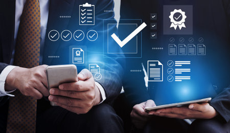 Two professionals use smartphones and tablets, surrounded by digital icons representing data,...