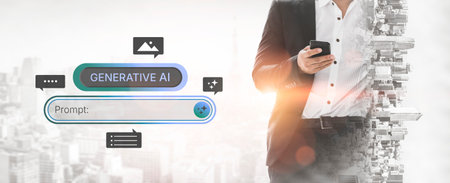 Generative AI prompt interface concept for creating content. Prompt design, AI prompt engineering, workflow, prompt input for text, image, and AI chatbot generation. Corpusの写真素材