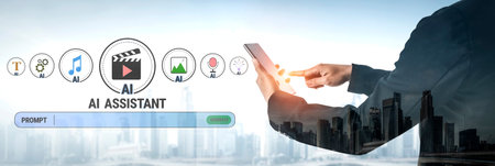 Hand Using Smart Device with AI Assistant Interface on Screen Over City Skyline Background for...