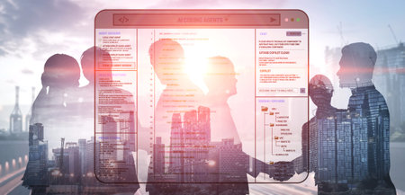 Business partnership agreement with digital interface overlay showcasing city skyline and professionals shaking hands at sunset.の写真素材