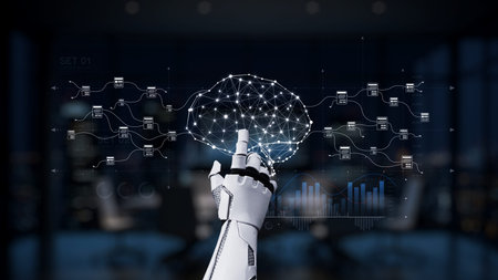 A robotic hand interacts with a digital brain visualization in a sleek office, representing...