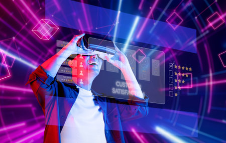A vibrant image depicting a user embracing virtual reality technology to gather customer feedback...