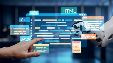A human hand interacts with a robot arm in a modern coding environment. This image showcases...