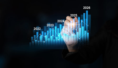 Business bar chart and line graph showing yearly business growth from 2022 to new year 2026,...
