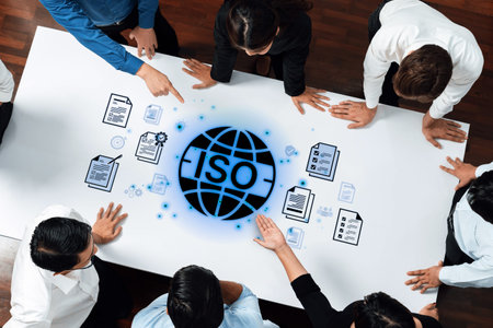 Concept of ISO certification for business quality management. This international standard ensures...