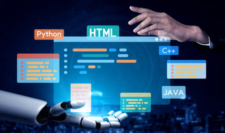 AI artificial intelligence assists software development through smart coding tools, virtual...