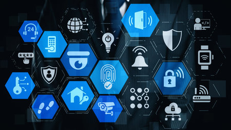 Home security icons show smart home, surveillance, and safety devices. Home security ensures...