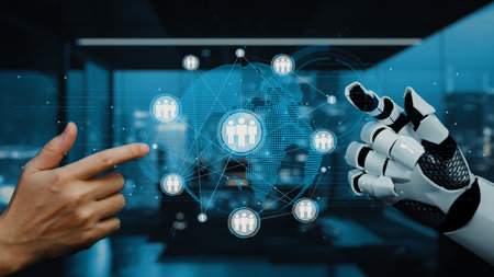 A visual representation of human and robot interaction, showcasing a digital global network with...