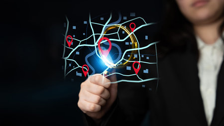 Concept of location tracking and GPS navigation. Map with pins marking a destination and points of...