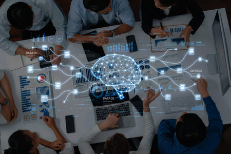 A diverse team collaborates on data analysis during a meeting, featuring a brain visualization and...