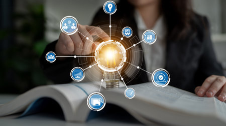 Professional businesswoman conducts data analysis with digital icons representing technology and...