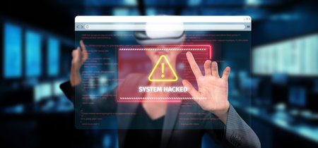 A digital representation of a cybersecurity breach with a warning message. The image highlights the...
