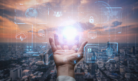 A futuristic command center interface for managing a global technology platform. The dashboard includes data security, network administration, and biometric user authentication.の写真素材