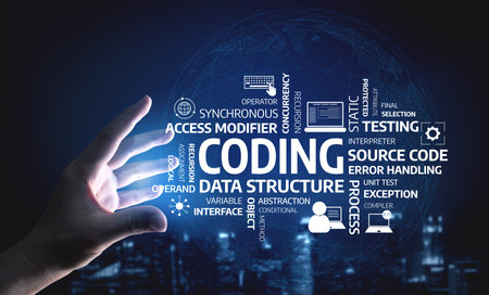 A hand extends toward a visual representation of coding concepts and data structures, symbolizing...